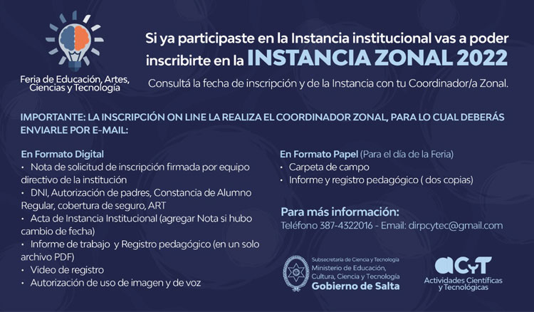 Del 11 al 22 de agosto se realizarán las instancias zonales de la Feria de Educación, Arte, Ciencia y Tecnología