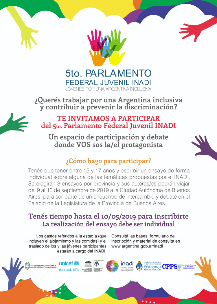 Te invitamos a participar del 5° Parlamento Federal Juvenil INADI