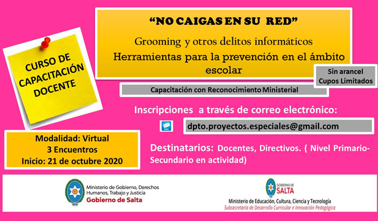 Curso de capacitación “No caigas en su red” Grooming y otros delitos informáticos. Herramientas para la prevención en el ámbito Escolar